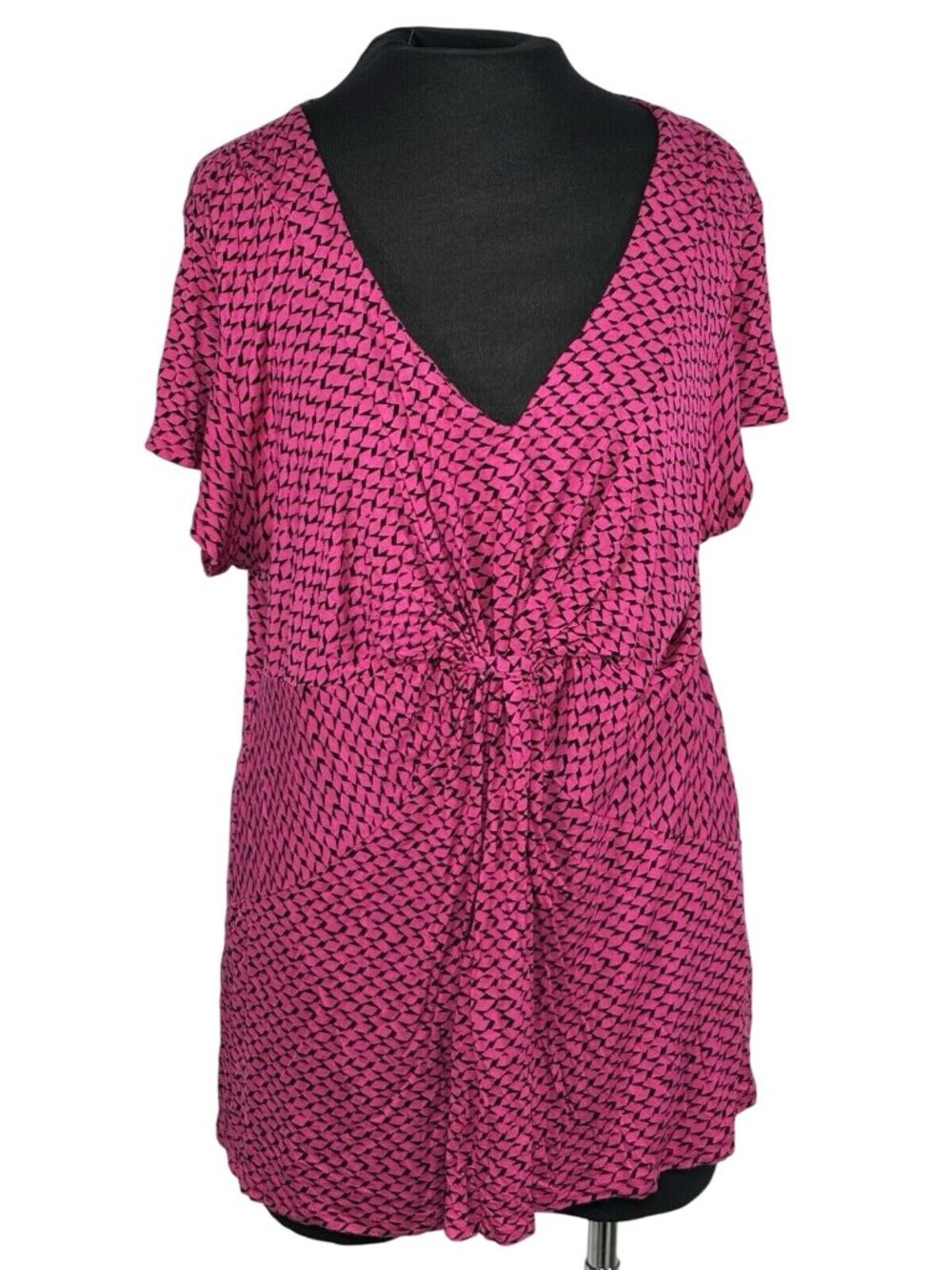 Pink & Black Geometric Print Rayon V-Neck Top With Waist Tie XL - Picture 1 of 4